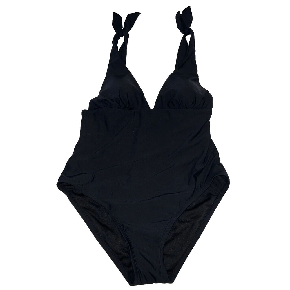 Social Angel Women's Tie Shoulder One Piece Swimsuit Solid Black Classic XL
